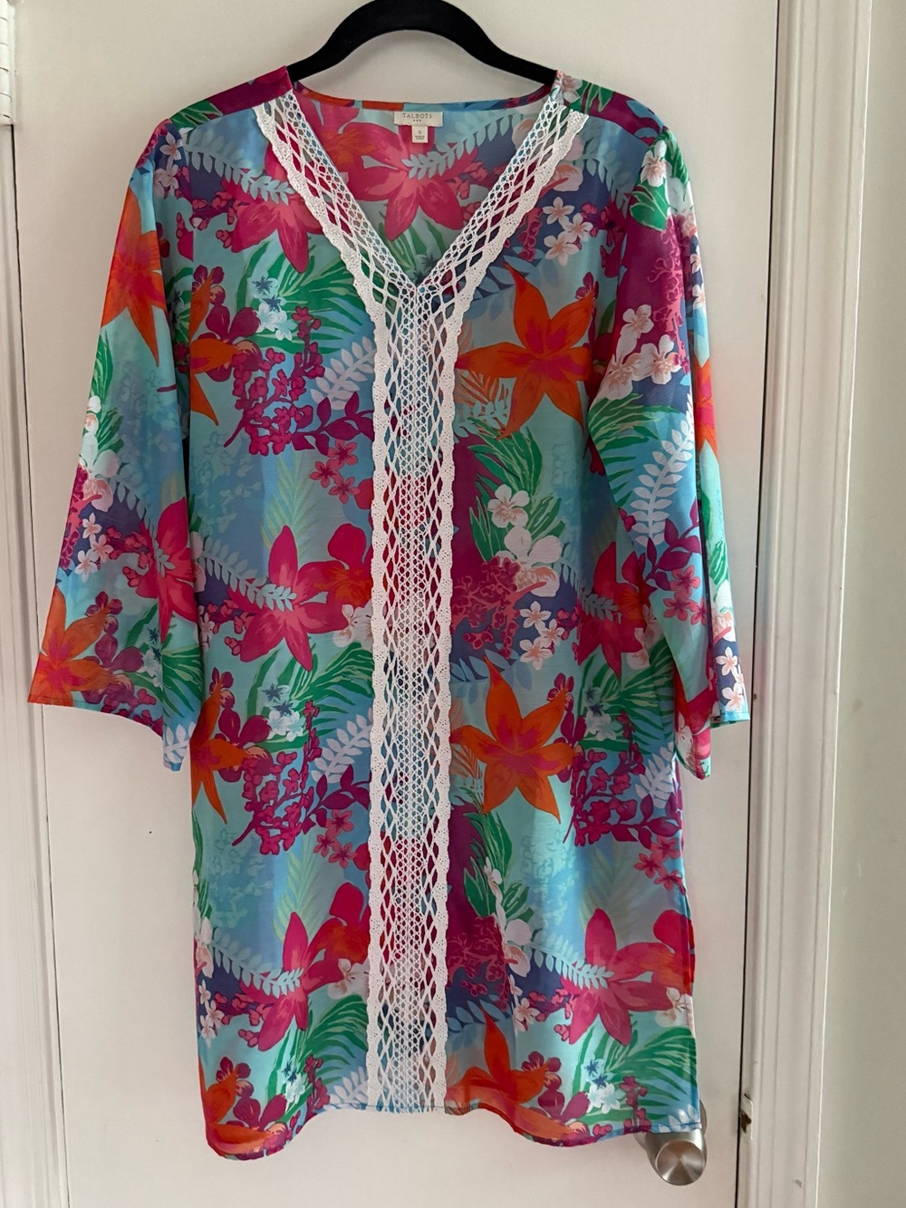 Talbots Multicolor Tropical Floral Crochet-Trim V-Neck Swim Cover-Up Size S